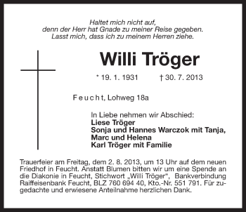 Traueranzeige von Willi Tröger von Der Bote