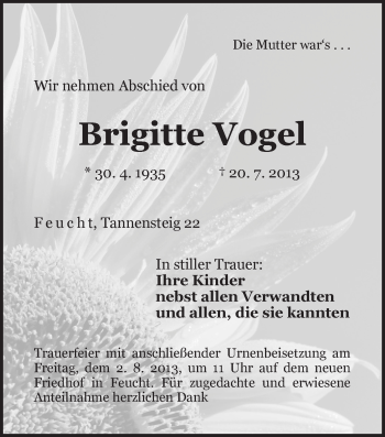 Traueranzeige von Brigitte Vogel von Der Bote