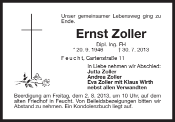 Traueranzeige von Ernst Zoller von Der Bote