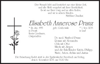 Traueranzeige von Elisabeth Annerose Pranz von Pegnitz-Zeitung