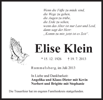 Traueranzeige von Elise Klein von Der Bote