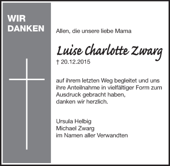 Traueranzeige von Luise Charlotte Zwarg von Pegnitz-Zeitung