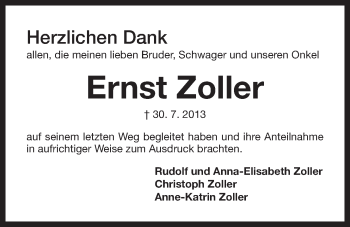 Traueranzeige von Ernst Zoller von Der Bote