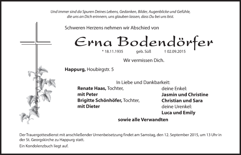  Traueranzeige für Erna Bodendörfer vom 09.09.2015 aus Hersbrucker Zeitung