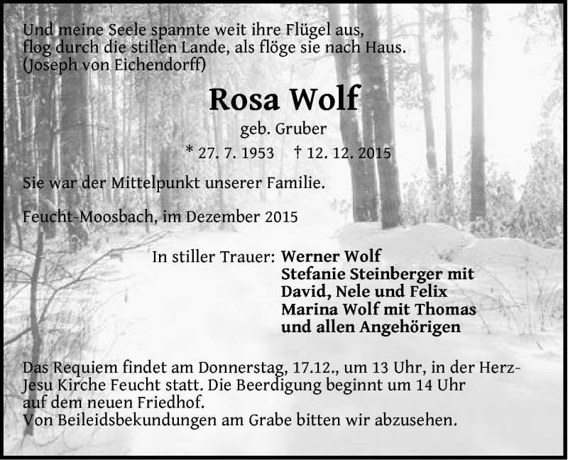  Traueranzeige für Rosa Wolf vom 16.12.2015 aus Der Bote
