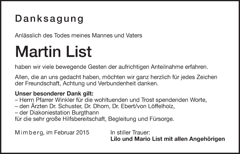  Traueranzeige für Martin List vom 21.02.2015 aus Der Bote