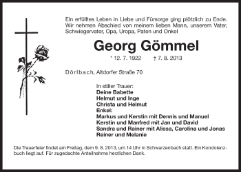 Traueranzeige von Georg Gömmel von Der Bote
