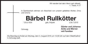 Traueranzeige von Bärbel Rullkötter von Pegnitz-Zeitung