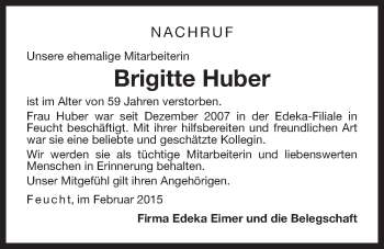 Traueranzeige von Brigitte Huber von Der Bote