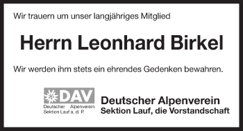 Traueranzeige von Leonhard Birkel von Pegnitz-Zeitung
