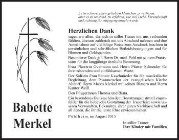 Traueranzeige von Babette Merkel von Der Bote