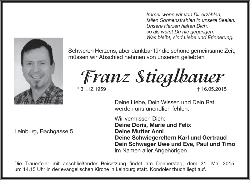  Traueranzeige für Franz Stieglbauer vom 20.05.2015 aus Pegnitz-Zeitung