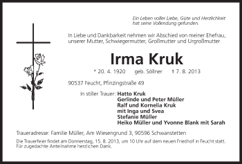 Traueranzeige von Irma Kruk von Der Bote