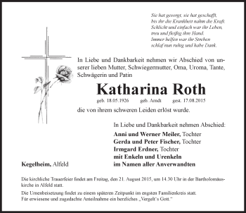 Traueranzeige von Katharina Roth von Hersbrucker Zeitung