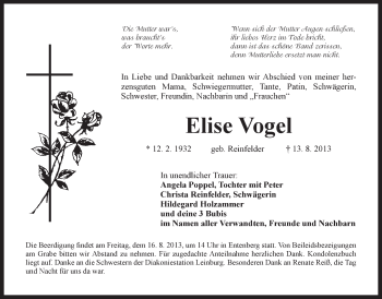 Traueranzeige von Elise Vogel von Der Bote