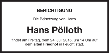 Traueranzeige von Hans Pölloth von Der Bote