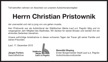 Traueranzeige von Christian Pristownik von Pegnitz-Zeitung