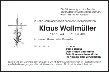 Traueranzeige von Klaus Wallmüller von Der Bote