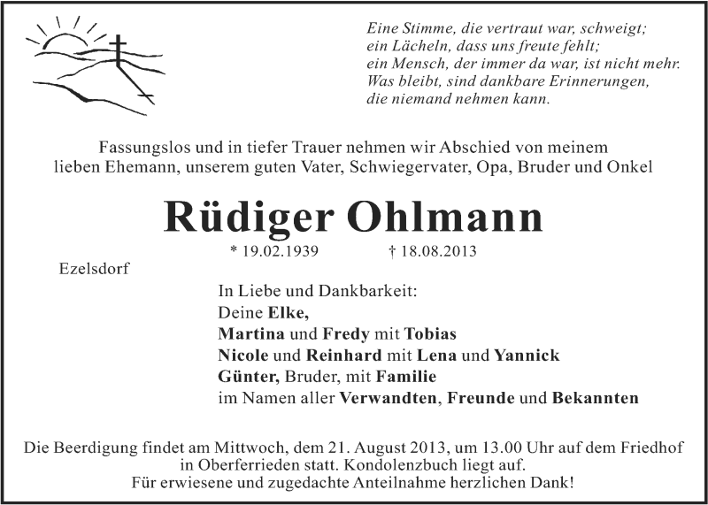  Traueranzeige für Rüdiger Ohlmann vom 20.08.2013 aus Der Bote