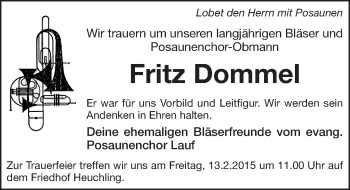 Traueranzeige von Fritz Dommel von Pegnitz-Zeitung