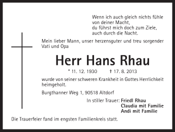 Traueranzeige von Hans Rhau von Der Bote