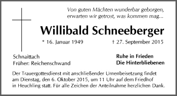 Traueranzeige von Willibald Schneeberger von Pegnitz-Zeitung