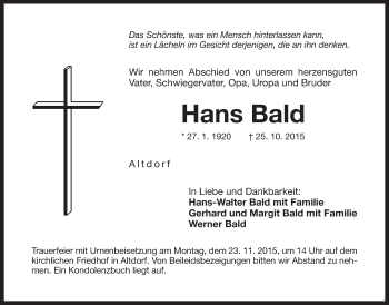 Traueranzeige von Hans Bald von Der Bote