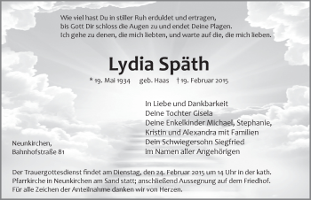 Traueranzeige von Lydia Späth von Pegnitz-Zeitung