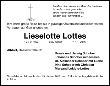 Traueranzeige von Lieselotte Lottes von Der Bote