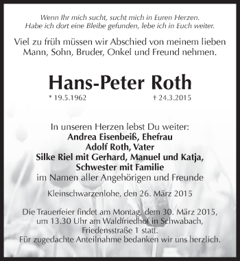 Traueranzeige von Hans-Peter Roth von Pegnitz-Zeitung