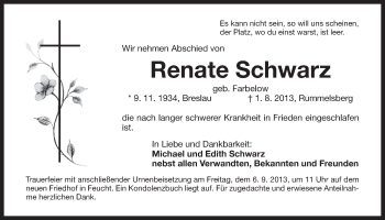 Traueranzeige von Renate Schwarz von Der Bote