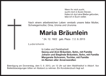 Traueranzeige von Maria Bräunlein von Der Bote