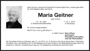 Traueranzeige von Maria Geitner von Der Bote
