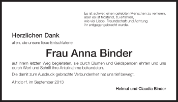 Traueranzeige von Anna Binder von Der Bote