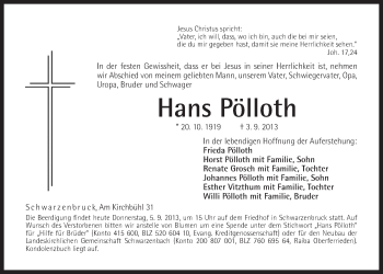 Traueranzeige von Hans Pölloth von Der Bote