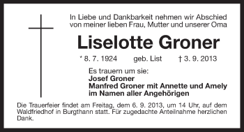 Traueranzeige von Liselotte Groner von Der Bote