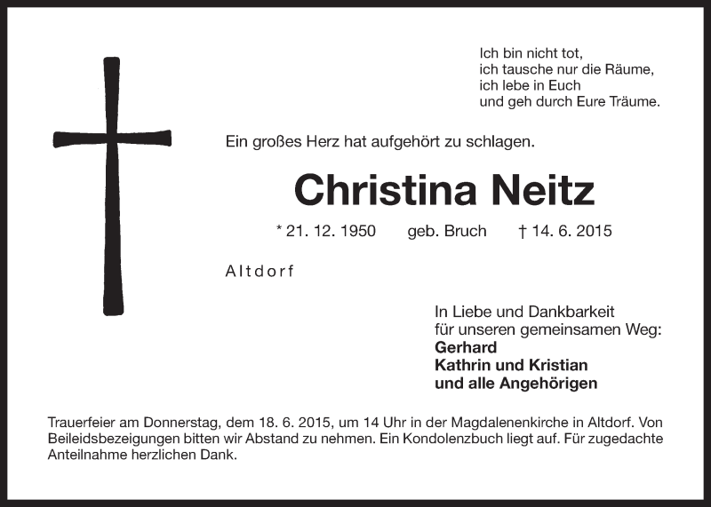  Traueranzeige für Christina Neitz vom 17.06.2015 aus Der Bote