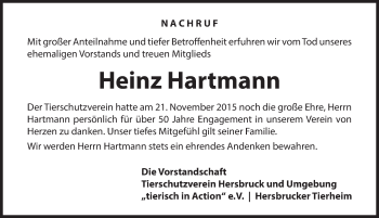 Traueranzeige von Heinz Hartmann von Hersbrucker Zeitung