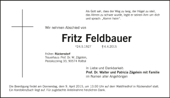 Traueranzeige von Fritz Feldbauer von Pegnitz-Zeitung