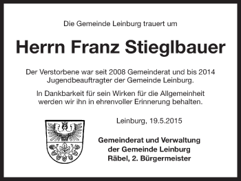 Traueranzeige von Franz Stieglbauer von Der Bote