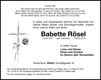 Traueranzeige von Babette Rösel von Hersbrucker Zeitung