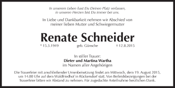 Traueranzeige von Renate Schneider von Pegnitz-Zeitung