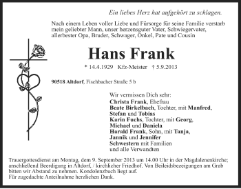 Traueranzeige von Hans Frank von Der Bote