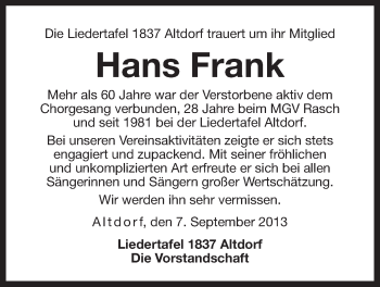 Traueranzeige von Hans Frank von Der Bote