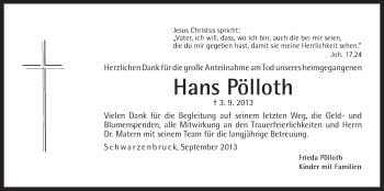 Traueranzeige von Hans Pölloth von Der Bote