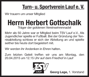 Traueranzeige von Herbert Gottschalk von Pegnitz-Zeitung