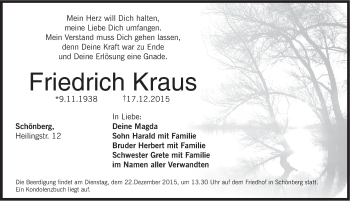 Traueranzeige von Friedrich Kraus von Pegnitz-Zeitung