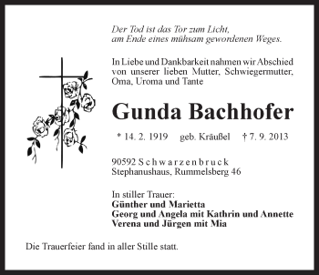 Traueranzeige von Gunda Bachhofer von Der Bote