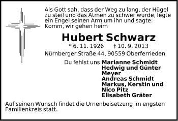 Traueranzeige von Hubert Schwarz von Der Bote