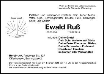 Traueranzeige von Ewald Ruß von Hersbrucker Zeitung